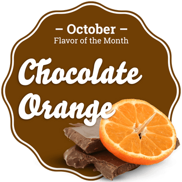 Taffy Town October Flavor of the Month - Chocolate Orange Salt Water Taffy featuring a brown background with rich chocolate pieces and a fresh orange slice.